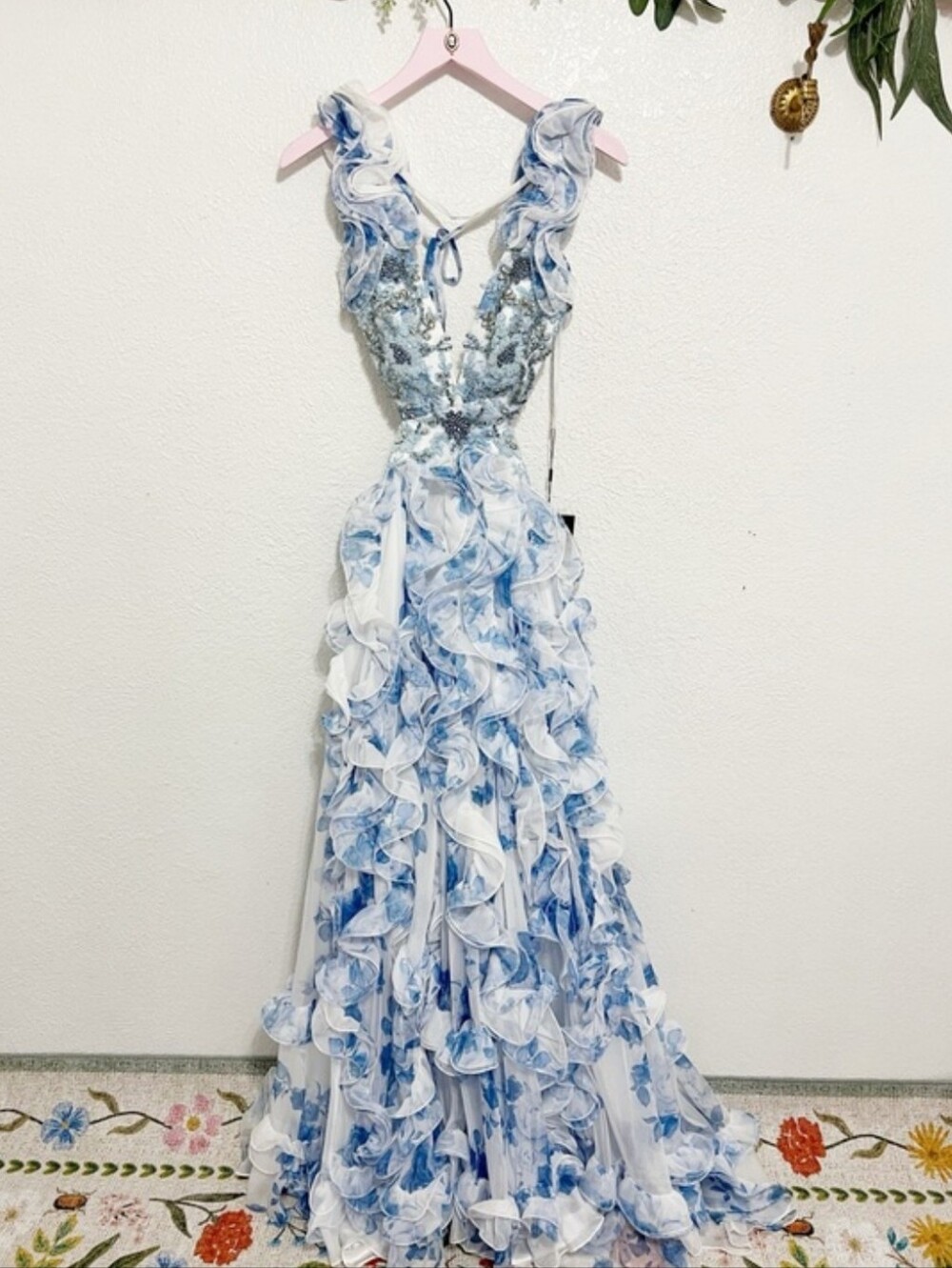 NWT Mac Duggal Floral Lace Up Tie Back Ruffle Shoulder Embellished Gown 2220 - Picture 2 of 12